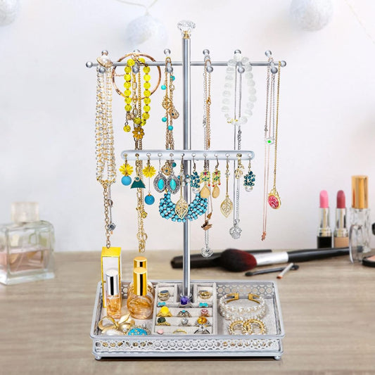 3-in-1 Jewelry Tree Stand Organizer with Ring Tray