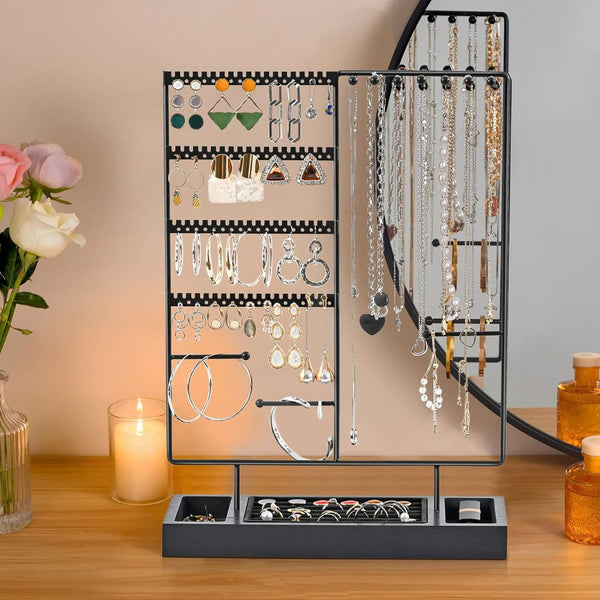 ProCase Jewelry Organizer Stand with 144 Holes for Earrings, Necklace Holder, and Removable Wooden Ring Tray - Grey