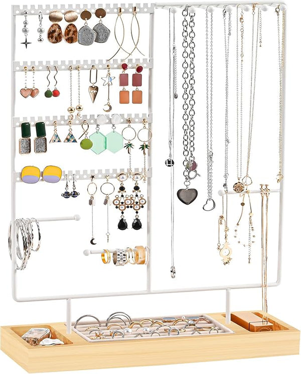 Deluxe Jewelry Stand with 6 Tiers - Necklace, Earrings, Bracelets Organizer and Ring Tray, White