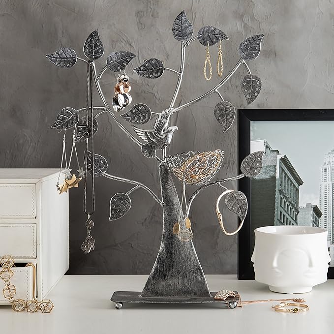 Silver Metal Jewelry Stand with Bird Nest Design