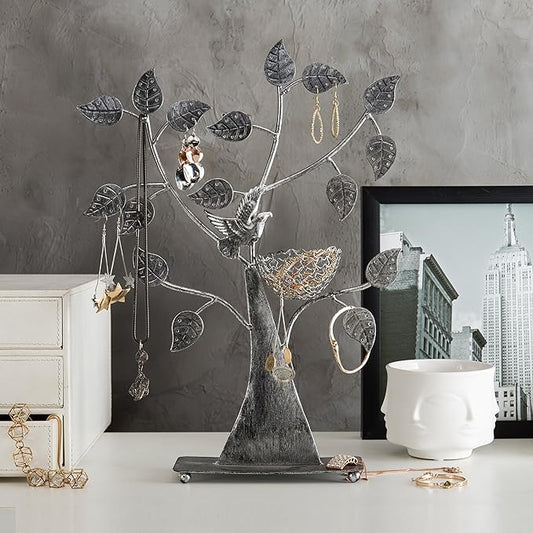 Silver Metal Jewelry Stand with Bird Nest Design